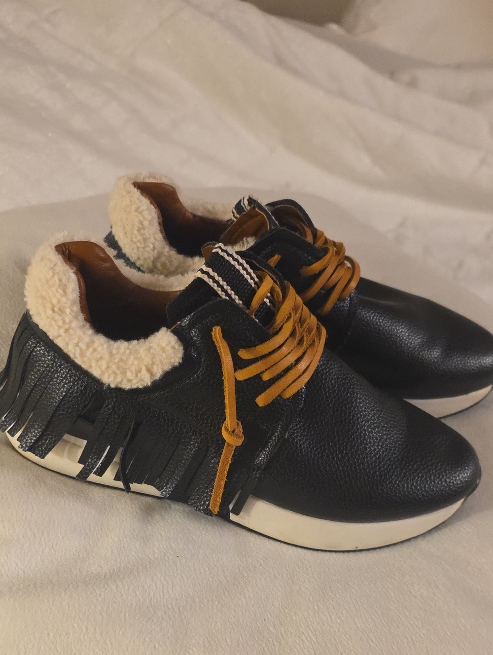 ShuShop Black Sneakers with Cream Sherpa Collar and Tan Laces and Fringe Size 6
